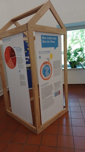 Interaktive Ausstellungsstation zum Treibhauseffekt in Form eines Holzhauses